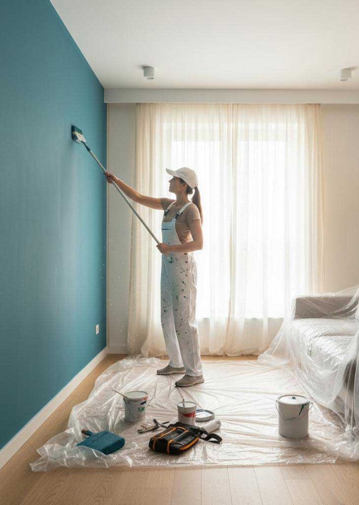 Exterior Wall Painting Services | Razco Renovation Professional painter working on an interior wall renovation in Toronto