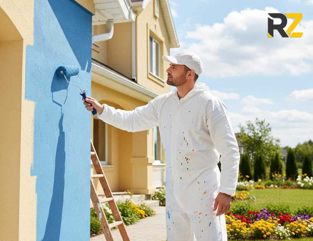 Exterior Wall Painting Services | Razco Renovation Professional painter working on an exterior wall renovation in Toronto