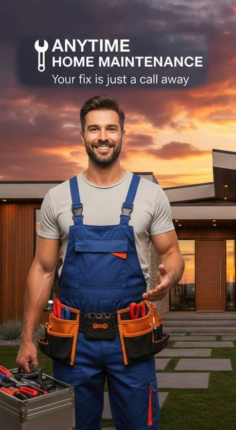 Service van parked outside a home at night, symbolizing 24/7 emergency home maintenance services.