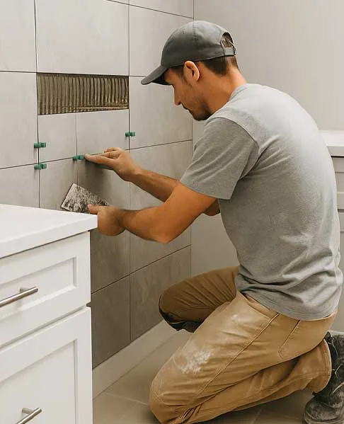 Professional renovation worker installing gray ceramic tiles on a bathroom wall with spacers and adhesive.
