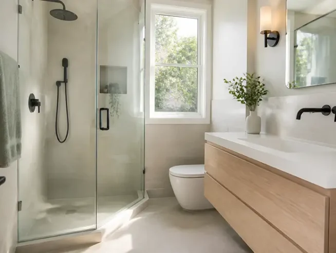 Renovated small bathroom in Toronto with a walk-in glass shower and floating wood vanity