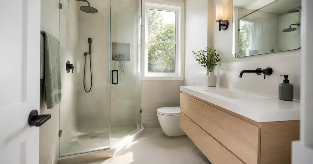 Renovated small bathroom in Toronto with a walk-in glass shower and floating wood vanity