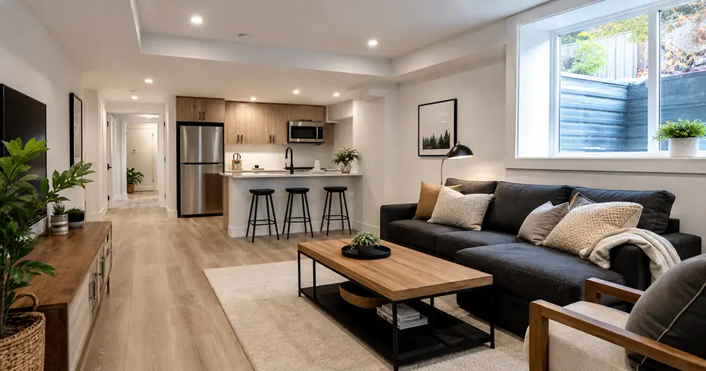 Finished legal basement apartment in Ontario with a kitchenette, egress window and modern living area