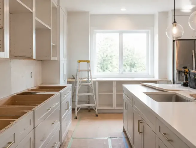 Kitchen renovation in progress in the GTA with cabinets being installed and a step ladder