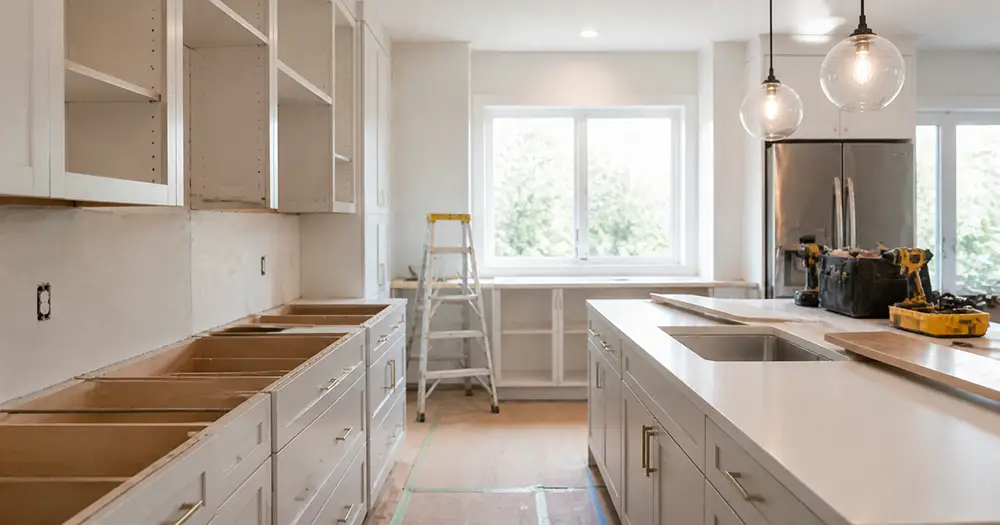 Kitchen renovation in progress in the GTA with cabinets being installed and a step ladder