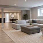 Newly finished basement rec room in Ontario with sectional sofa and pot lights