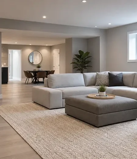 Newly finished basement rec room in Ontario with sectional sofa and pot lights