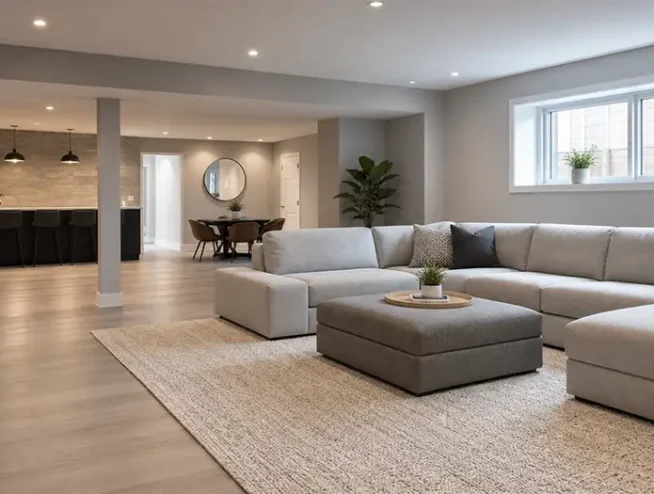 Newly finished basement rec room in Ontario with sectional sofa and pot lights