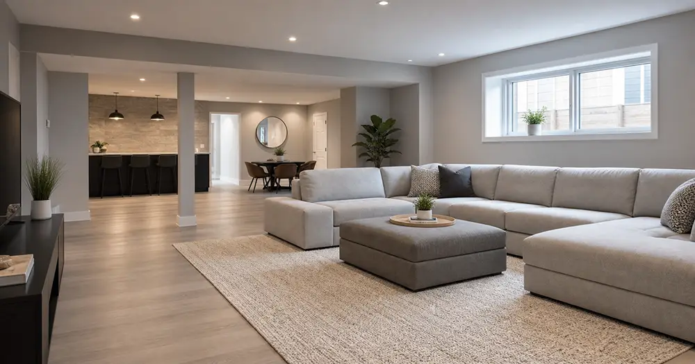 Newly finished basement rec room in Ontario with sectional sofa and pot lights