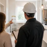 Homeowner and contractor in a hard hat reviewing a kitchen renovation on site