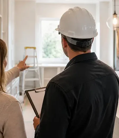 Homeowner and contractor in a hard hat reviewing a kitchen renovation on site