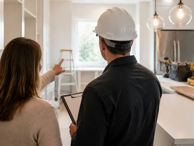 Homeowner and contractor in a hard hat reviewing a kitchen renovation on site