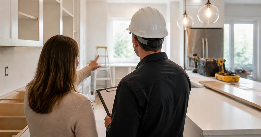 Homeowner and contractor in a hard hat reviewing a kitchen renovation on site