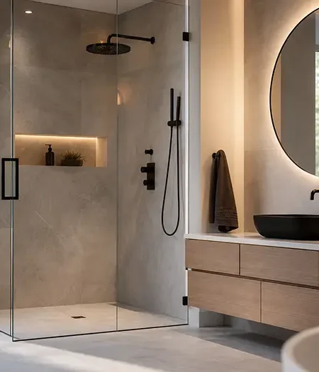 Modern renovated bathroom in Toronto with a walk-in glass shower and floating vanity