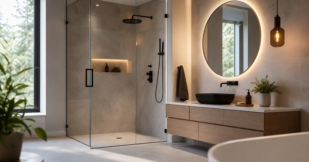 Modern renovated bathroom in Toronto with a walk-in glass shower and floating vanity