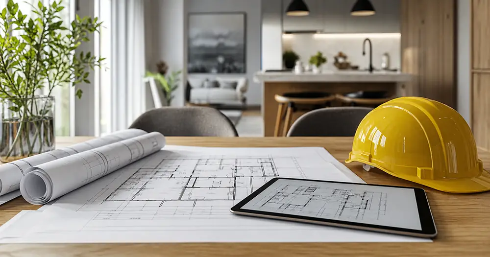 Renovation permit blueprints, hard hat and tablet for an Ontario home project