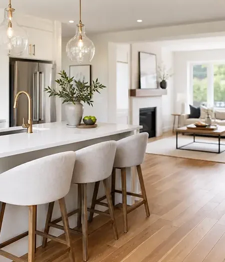 Renovated open-concept main floor of an Ontario home with a white kitchen and living room