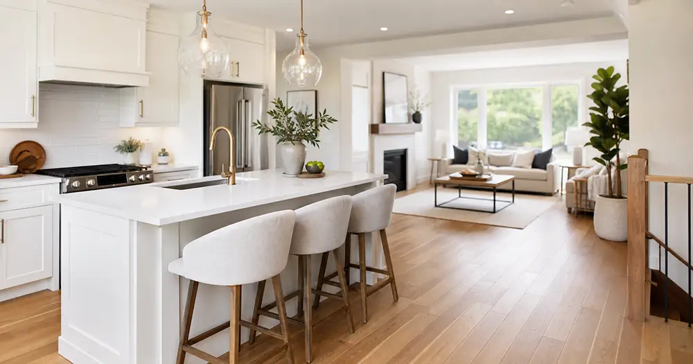Renovated open-concept main floor of an Ontario home with a white kitchen and living room