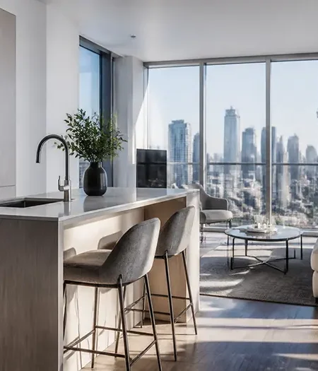 Modern Toronto condo interior with floor-to-ceiling windows and a city skyline view