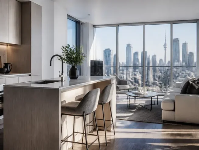 Modern Toronto condo interior with floor-to-ceiling windows and a city skyline view