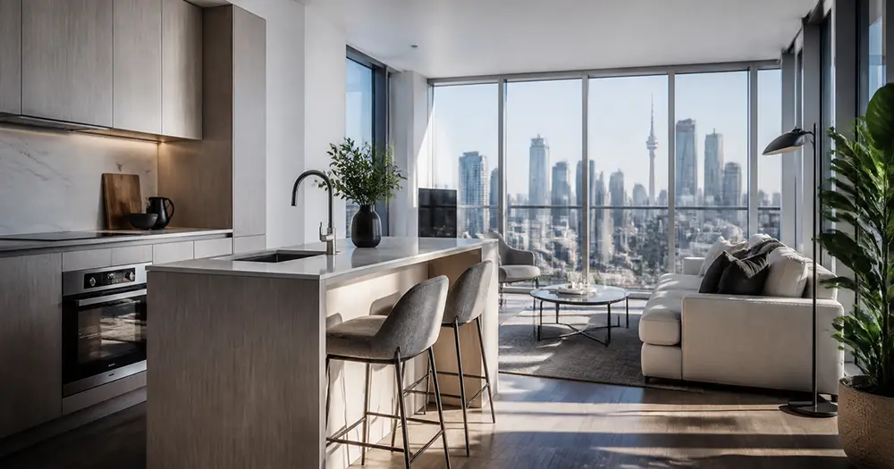 Modern Toronto condo interior with floor-to-ceiling windows and a city skyline view