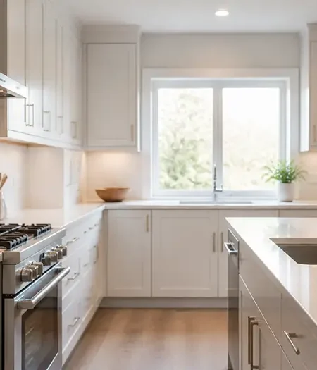 Bright modern kitchen renovation with white cabinetry and quartz counters in a Toronto home