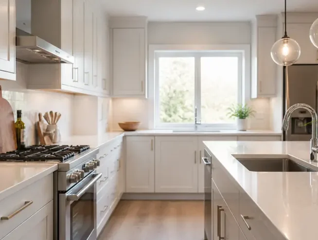 Bright modern kitchen renovation with white cabinetry and quartz counters in a Toronto home