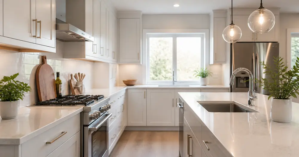 Bright modern kitchen renovation with white cabinetry and quartz counters in a Toronto home