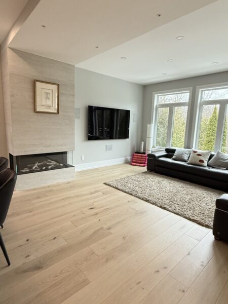 Living room home theatre with fireplace feature wall, Richmond Hill
