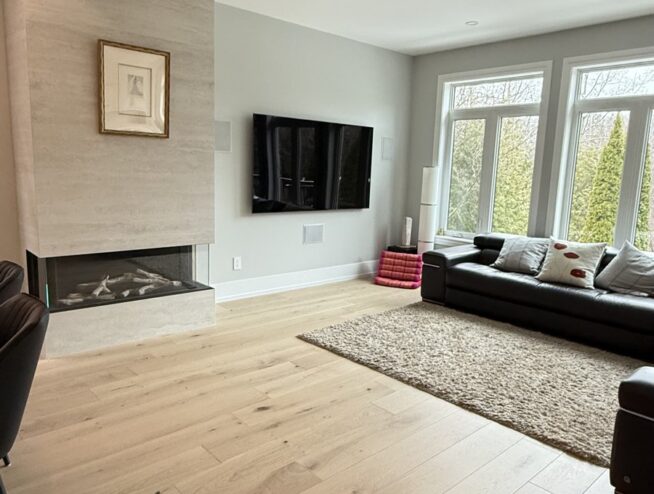 Living room home theatre with fireplace feature wall, Richmond Hill